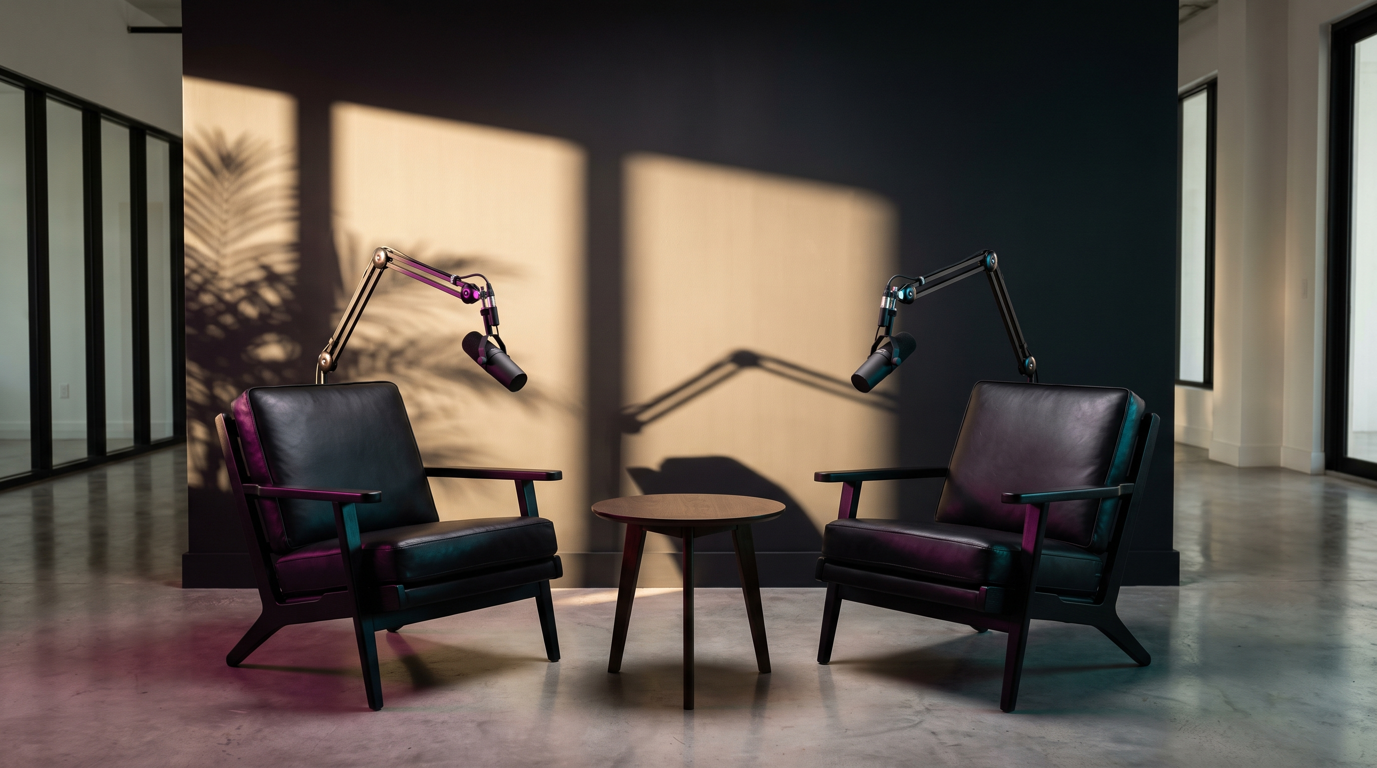 Two lounge chairs and microphones in an elegant podcast studio